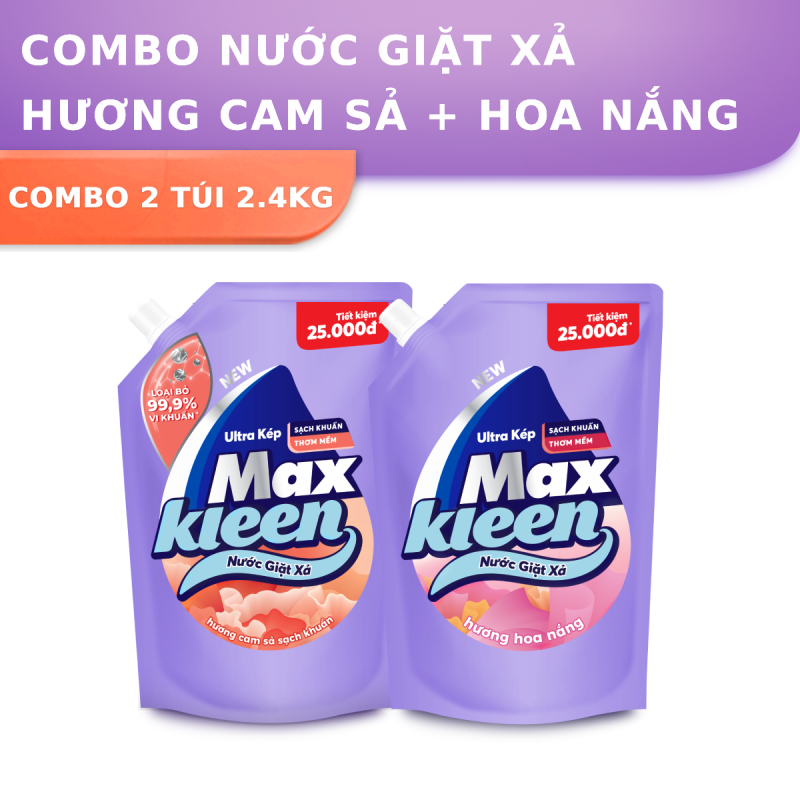 Combo 2 túi nước giặt xả Maxkleen 2.4L/ túi hương Hoa Nắng + Hương Cam Sả