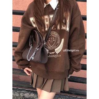 Ethelgirl Áo sweater dáng rộng in chữ phong cách retro dành cho nữ