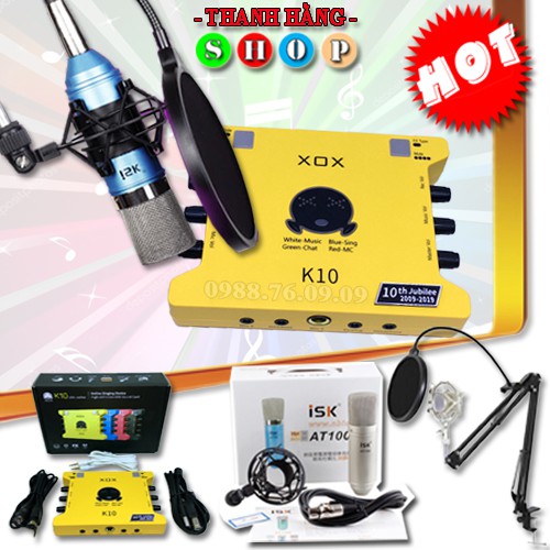 Trọn bộ mic thu âm AT100( Hoa Vinh) Sound Card XOX K10 2020 phiên bản tiếng anh chân màng lọc- combo live stream đầy đủ