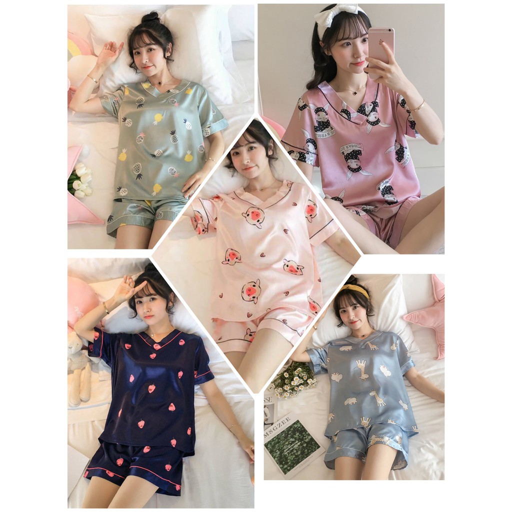 Bộ đồ ngủ lụa 🌸Hàng Quảng Châu🌸 pijama cộc tay mặc nhà ulzzang in hình họa tiết dễ thương sia clothing