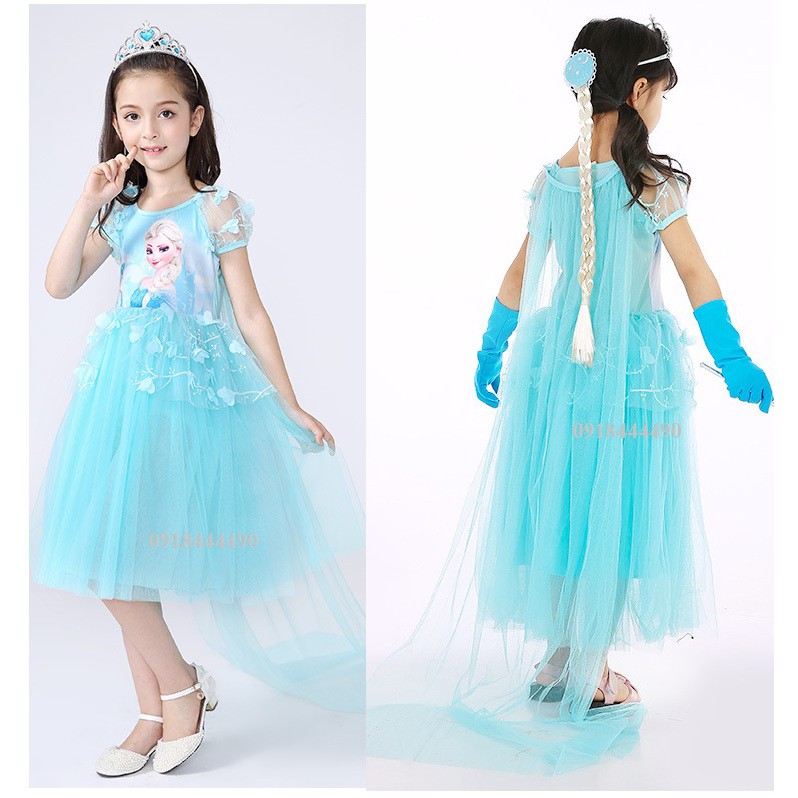 Váy Elsa có tài dài chất ren mềm đính hoa