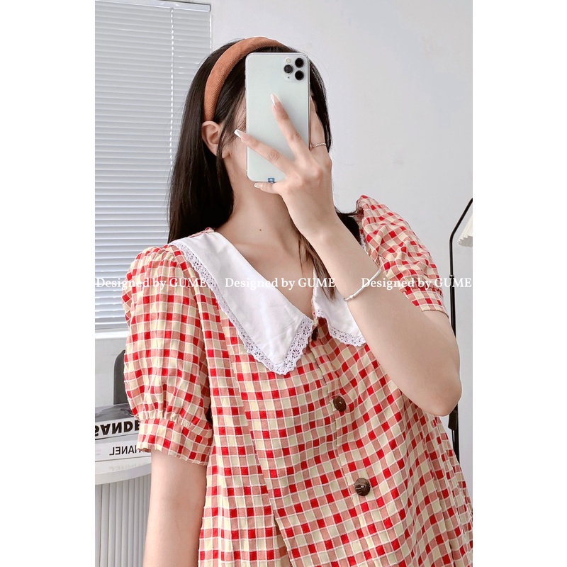 Váy Bầu mùa hè Bigsize Gume Đầm Bầu Dáng Suông Cổ viền Ren, Tay Bồng, Vải thô cotton kẻ caro cực mát GM027