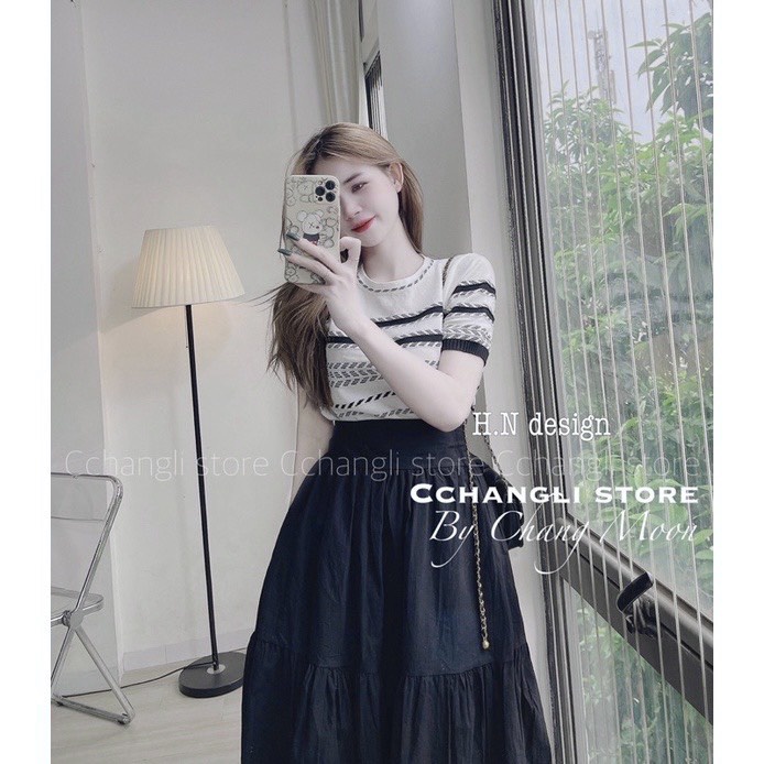 ✨BÁN SỈ✨SET áo len mongtoghi kẻ ngang kèm chân váy đen