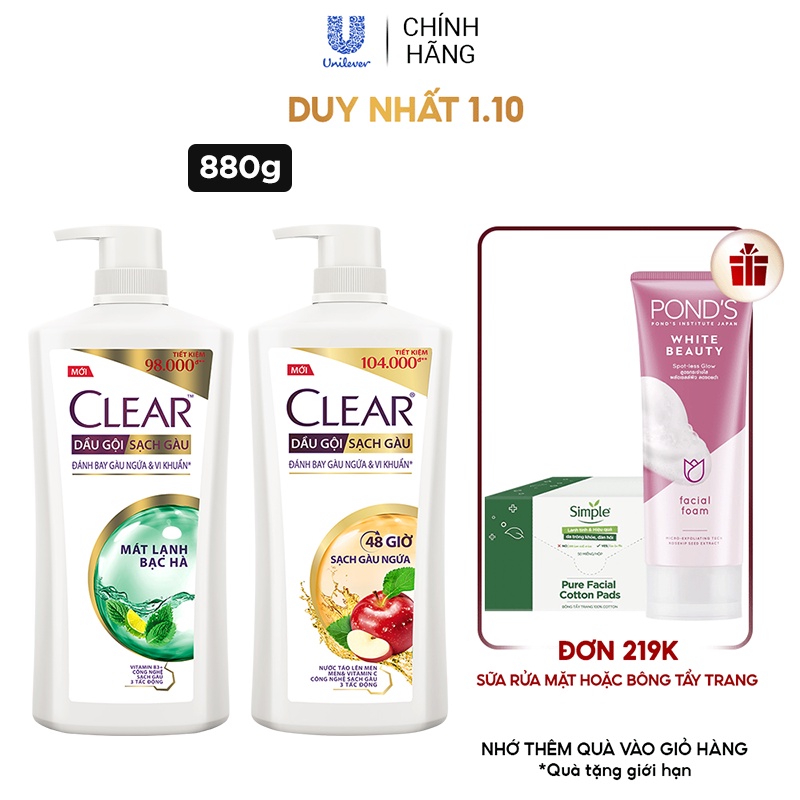 Dầu gội đầu Clear sạch gàu ngứa và vi khuẩn suốt 48 Giờ 880g