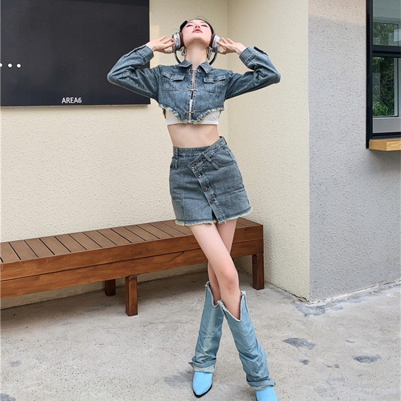 Set Áo Khoác Jeans Dài Tay + Chân Váy Jeans Thời Trang Nữ