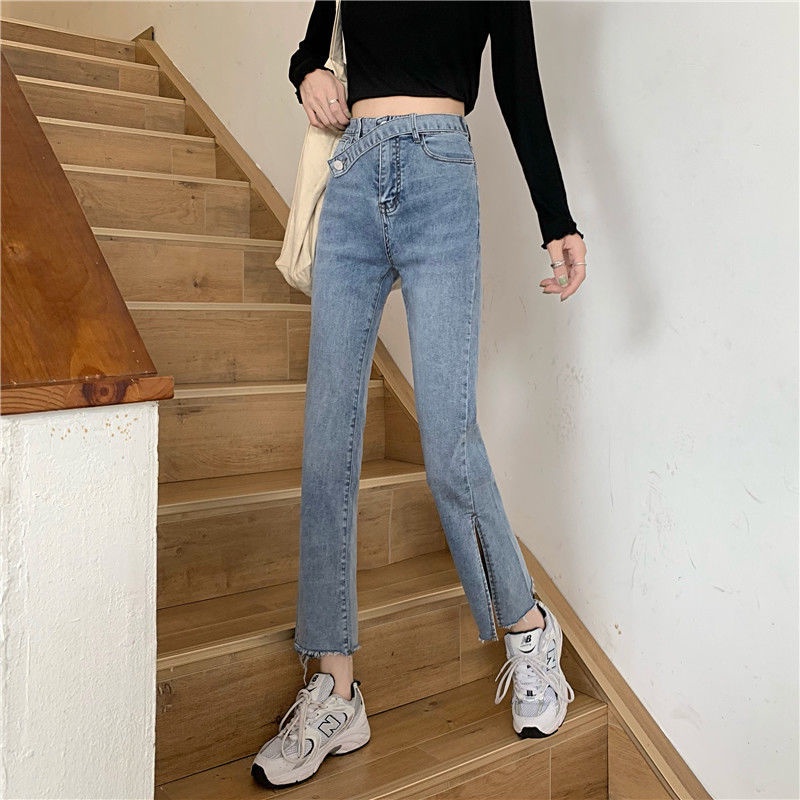 Quần Jeans Nữ Lưng Cao Ống Rộng Xẻ Tà Thời Trang Hàn Quốc Cá Tính