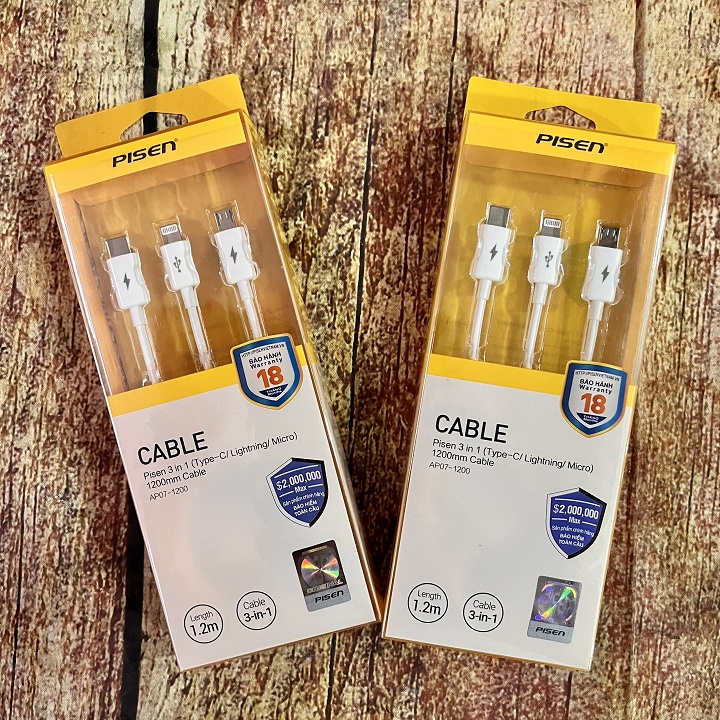 Cáp sạc đa năng 3 in 1 Pisen,Type-C,và Android,Patech phân phối bảo hành Toàn Quốc 18 tháng.