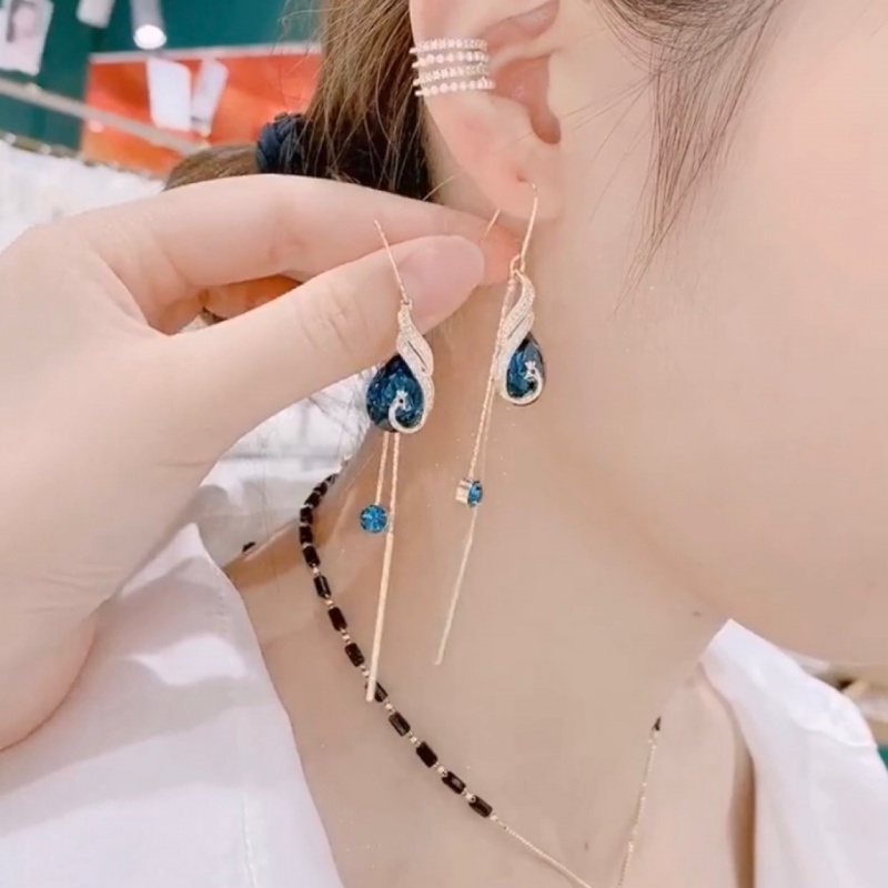 Bông tai dáng dài hình chim phượng hoàng đính đá pha lê sang trọng cho nữ