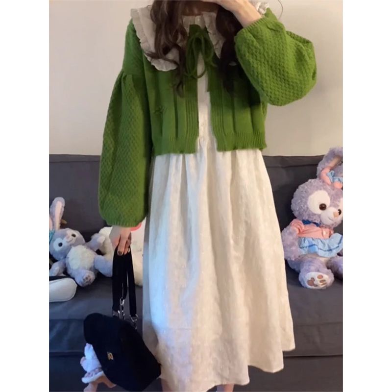 Áo Khoác Cardigan Len Tay Phồng Dáng Ngắn Phối Ruy Băng Màu Xanh Lá Thời Trang Hàn Quốc Mới Cho Nữ