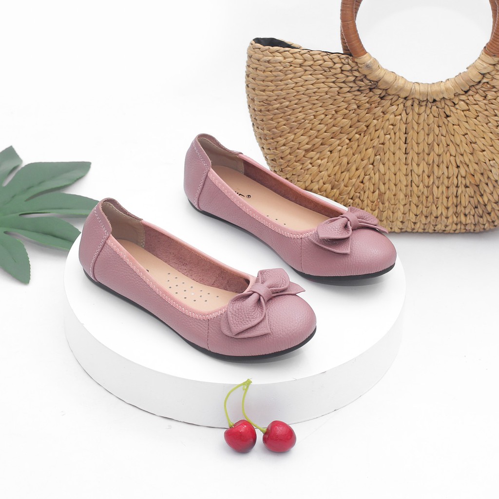 Giày Búp Bê Bệt Da Bò Thật Siêu Êm Gắn Nơ X424