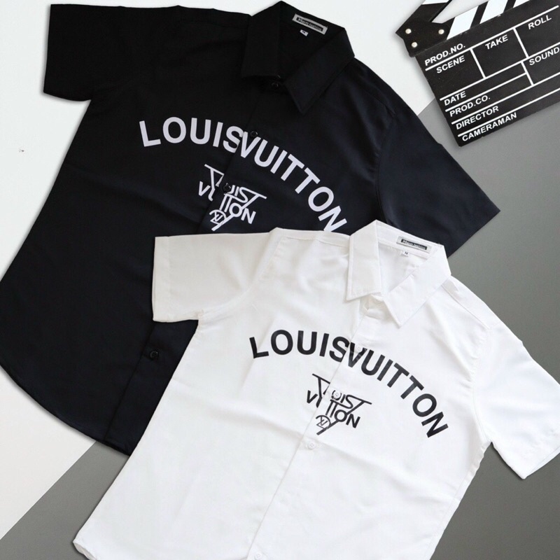 Áo sơ mi nam 3D ngắn tay chất vải lụa kate phối sọc tay in chữ THOMB , LV phong cách thời trang công sở tinh tế