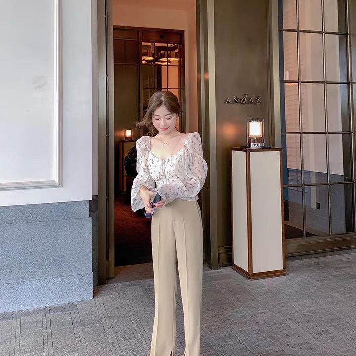 Áo voan hoa trễ vai cổ vuông tay phồng thời trang cho nữ 2021