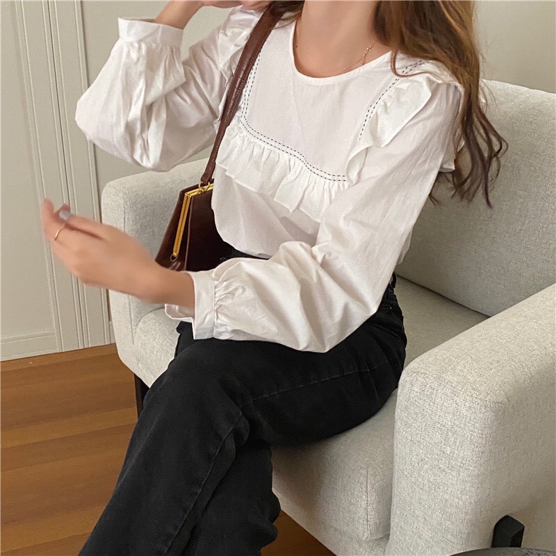 Áo sơ mi kiểu trắng nữ form rộng lụa tay phồng hàn quốc đẹp dài tay họa tiết không cổ ulzzang vintage truehastore SM10 | BigBuy360 - bigbuy360.vn