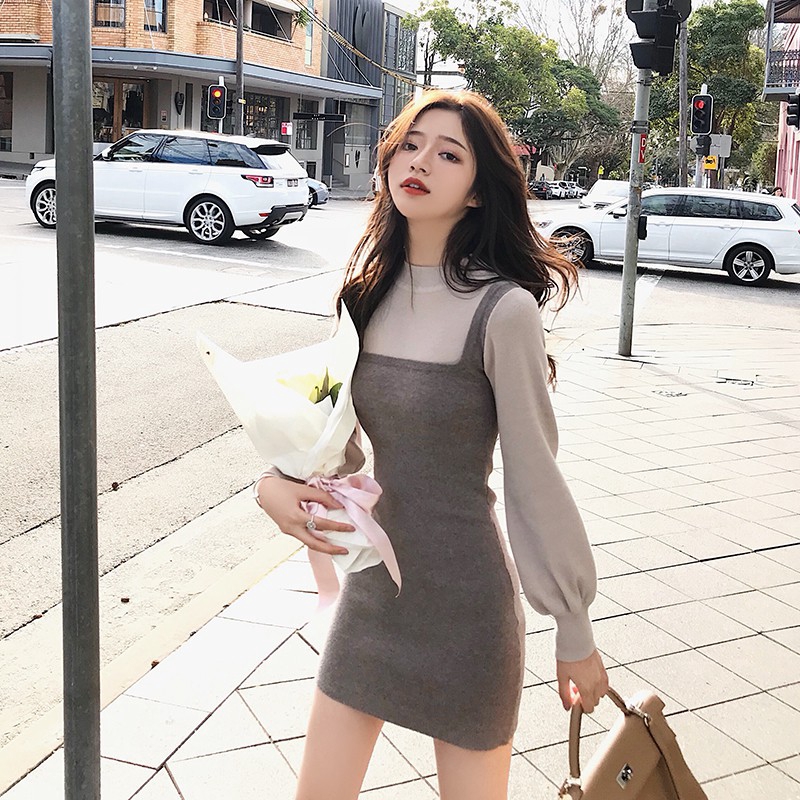 DUNEA Women's New Color Matching Lantern Sleeve Knitted Dress