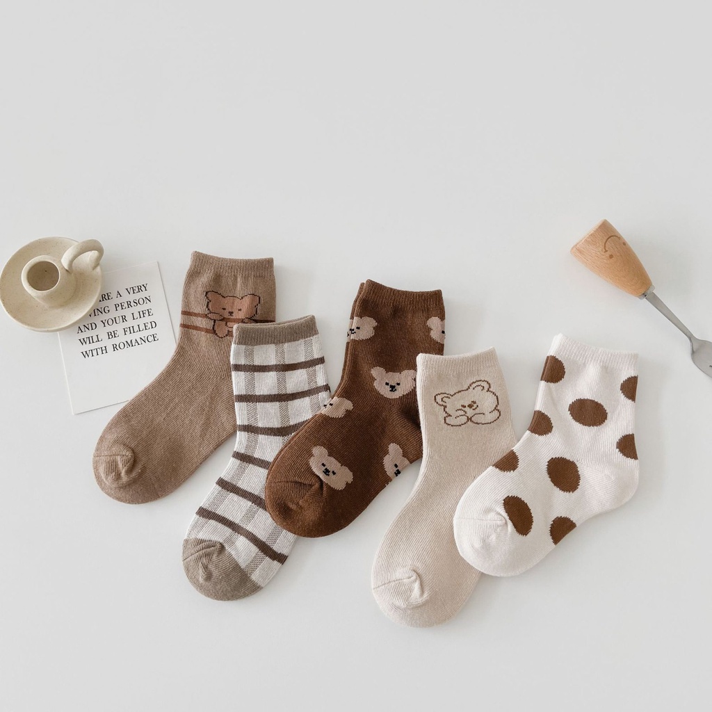 Set 5 Đôi Tất/Vớ Cotton Họa Tiết Gấu Phong Cách Hàn Quốc Cho Bé Trai, Bé Gái (1-12 tuổi)