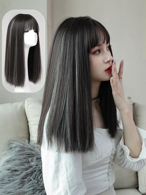 Tóc giả ❤️❤️FREESHIP❤️ tóc giả nguyên đầu thẳng lỡ phối line xám