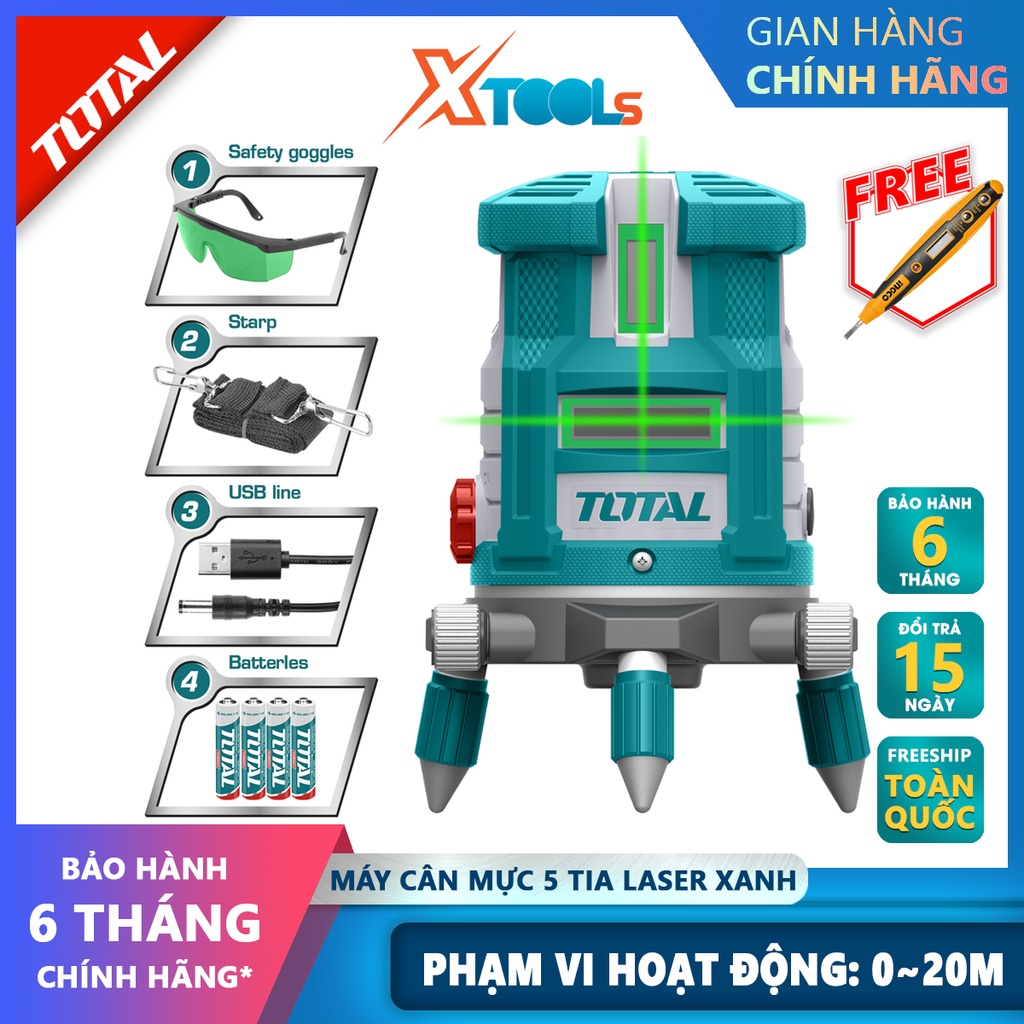 Máy cân mực 5 tia laser màu xanh TOTAL TLL305205 | Máy đo mức cân bằng 5 tia laser Phạm vi làm việc 0 ~ 20 m 1 tia ngang