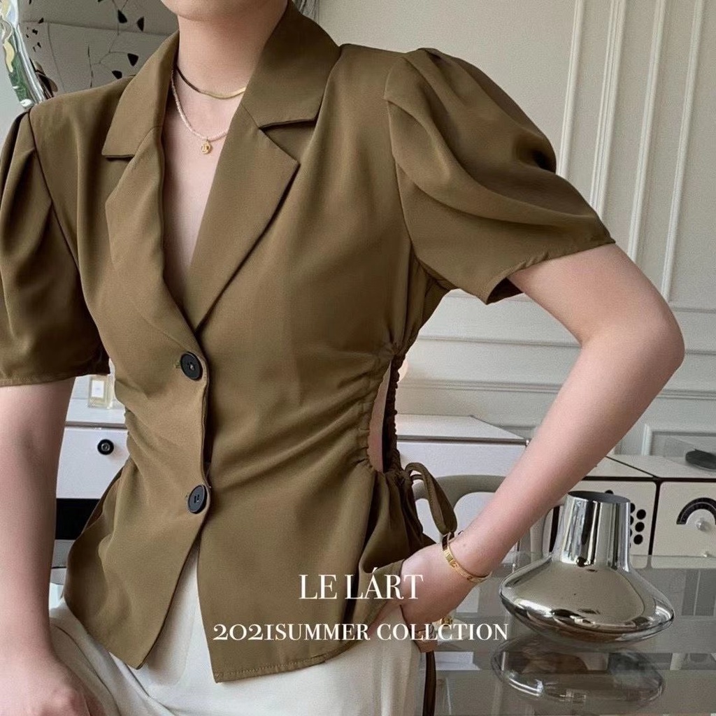 Áo Kiểu Tay Ngắn Màu Trơn Phối Dây Rút Phong Cách Thời Trang Hàn Quốc Cổ Điển