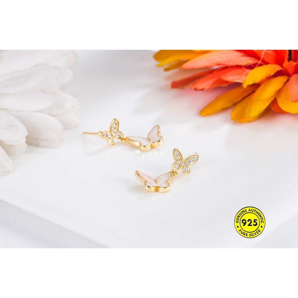 Bông Tai Mạ Bạc 925 Hình Bướm Vỏ Sò Đính Đá Xinh Xắn Cho Nữ