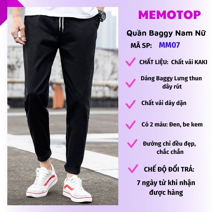 Quần baggy kaki nam nữ unisex đen cạp chun lưng cao ống suông đẹp MEMOTOP MM07