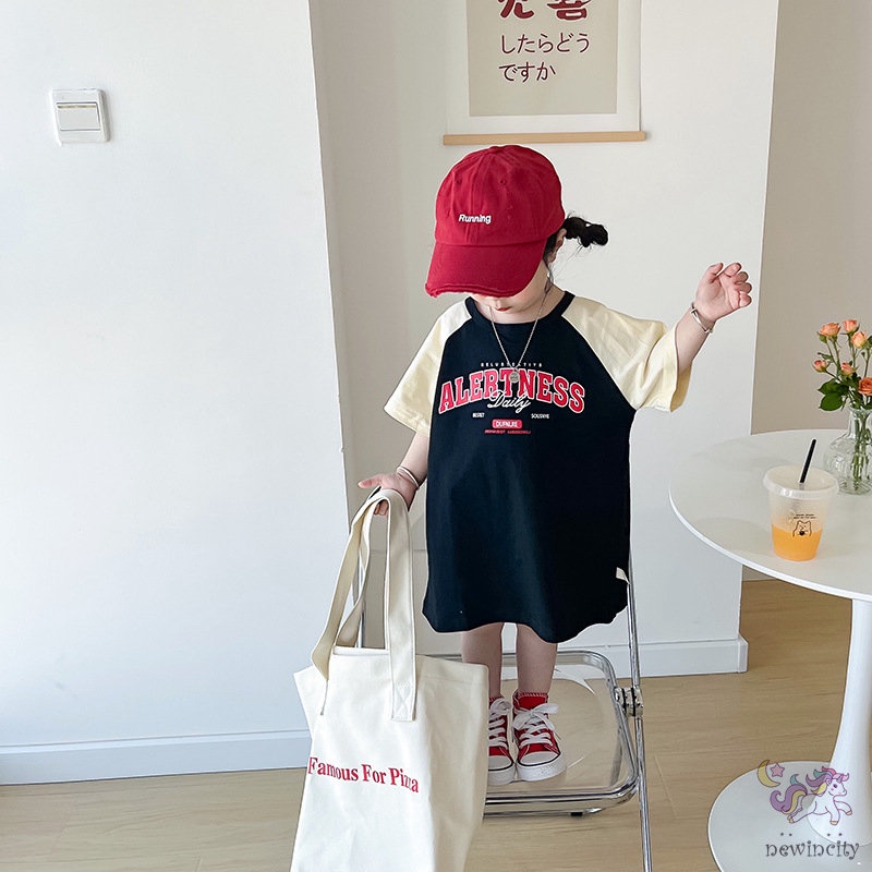 Đầm Cotton Ngắn Tay In Chữ Thời Trang Mùa Hè Hàn Quốc Dành Cho Bé Gái