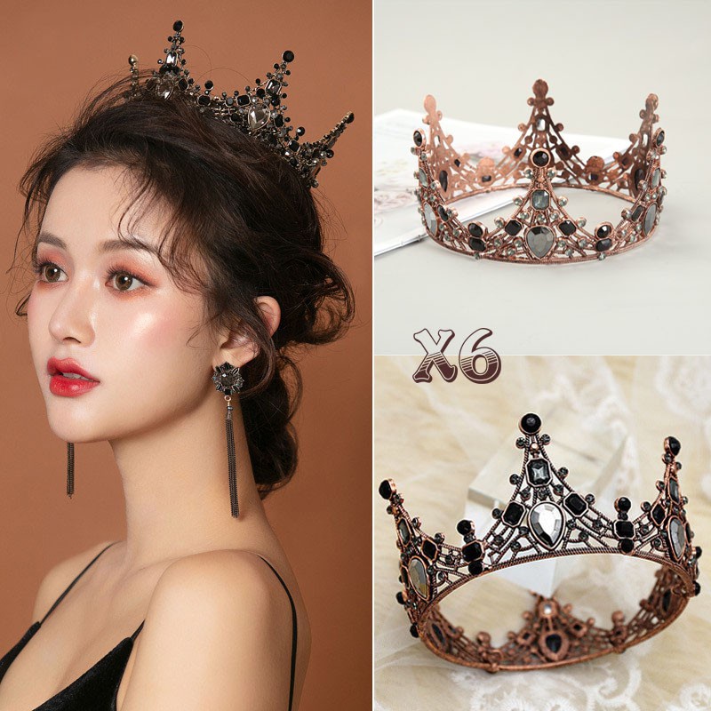 Vương Miện Kim Loại cao cấp phong cách Vintage đính đá màu đen thanh lịch cài tóc đội đầu, chụp ảnh Nail đẹp