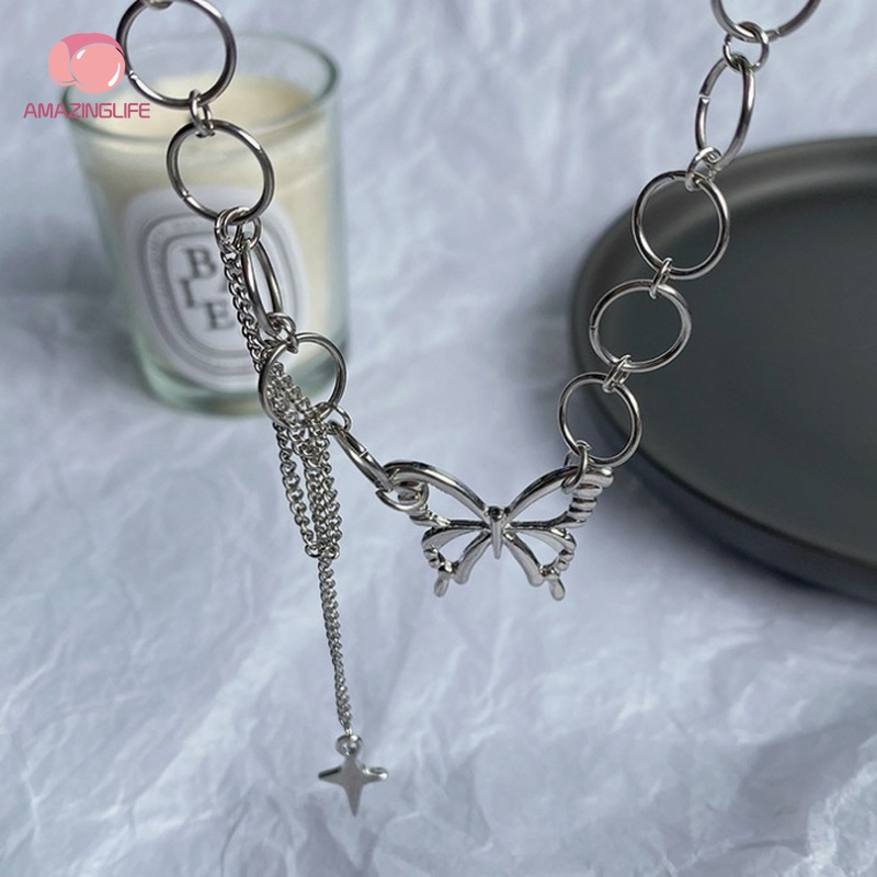 Vòng cổ Ngắn / Vòng cổ Tua Rua Hình Bướm Rỗng Màu Bạc Phong Cách Gothic Hàn Quốc Thích Hợp Dự Tiệc