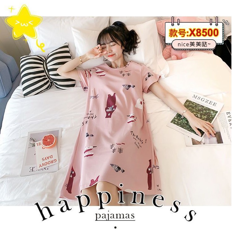 Váy ngủ cotton dáng suông cộc tay mềm mịn thoáng mát dễ thương VN-02 (GẤU THANKS)