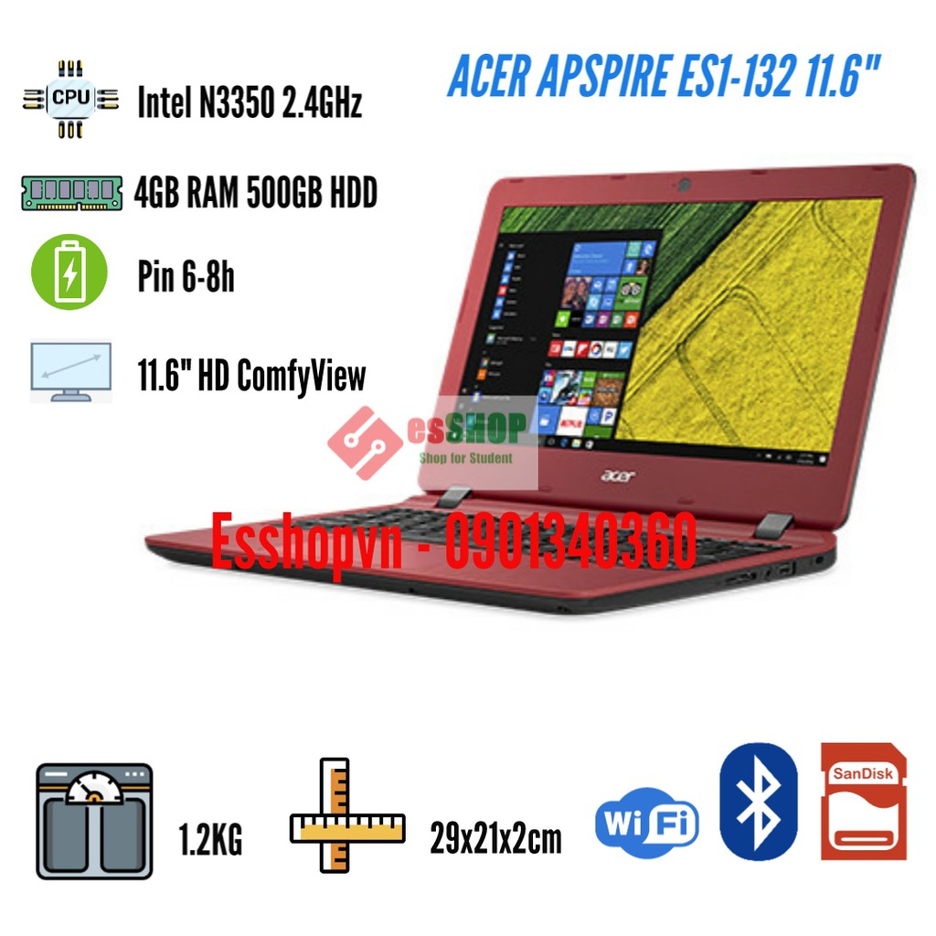 Laptop mini siêu nhỏ gọn 11.6 inch ACER Aspire ES1-132 Intel N3350 2.4GHz 4GB RAM 500GB - Likenew 98-99%