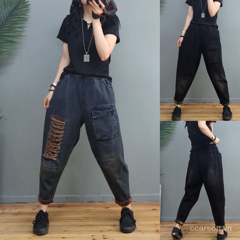 Quần jeans rách lưng thun co giãn dáng ôm thời trang mùa thu hàng mới dành cho bạn nữ 2022