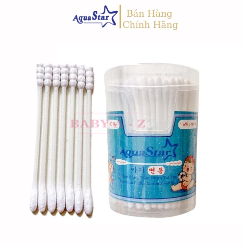 Tăm Bông Trẻ Em Aqua Star hộp 200c Thân Nhựa Tăm Bông Kháng Khuẩn 2 Đầu Tròn Xoắn Công Nghệ Korea