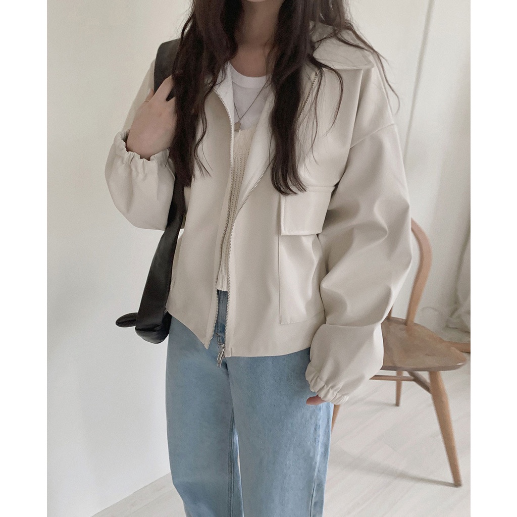 Áo khoác da PU phối túi đơn giản thời trang cho nữ 45925