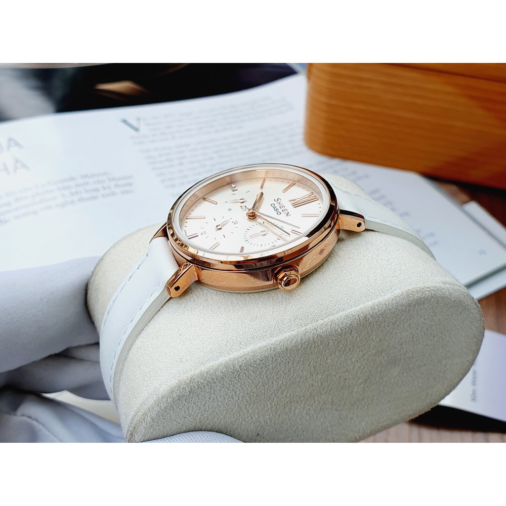 Đồng hồ Nữ chính hãng Casio Sheen SHE-3064PGL- 7AUDF - Máy Quartz pin - Kính khoáng cứng - Dây da