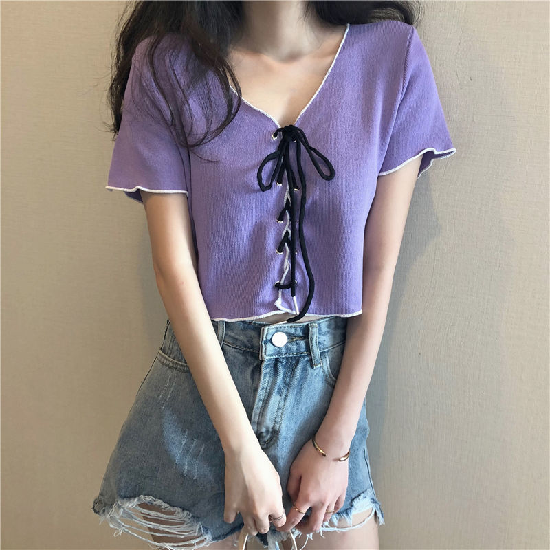 Áo lửng tay ngắn đan dây phong cách Hàn Quốc thời trang cho nữ