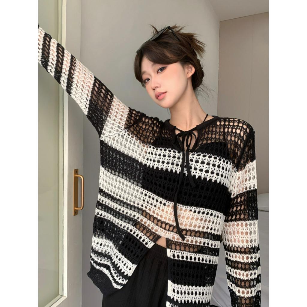 Áo Dệt Kim Tay Dài Dáng Rộng Họa Tiết Kẻ Sọc Thời Trang Cho Nữ