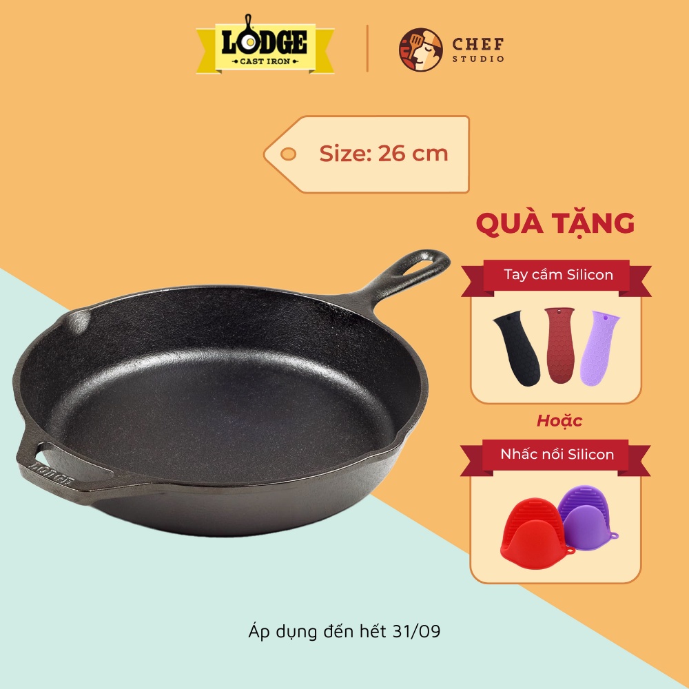 Chảo gang Lodge 26 cm chống dính tự nhiên, dùng được cho mọi loại bếp và lò nướng