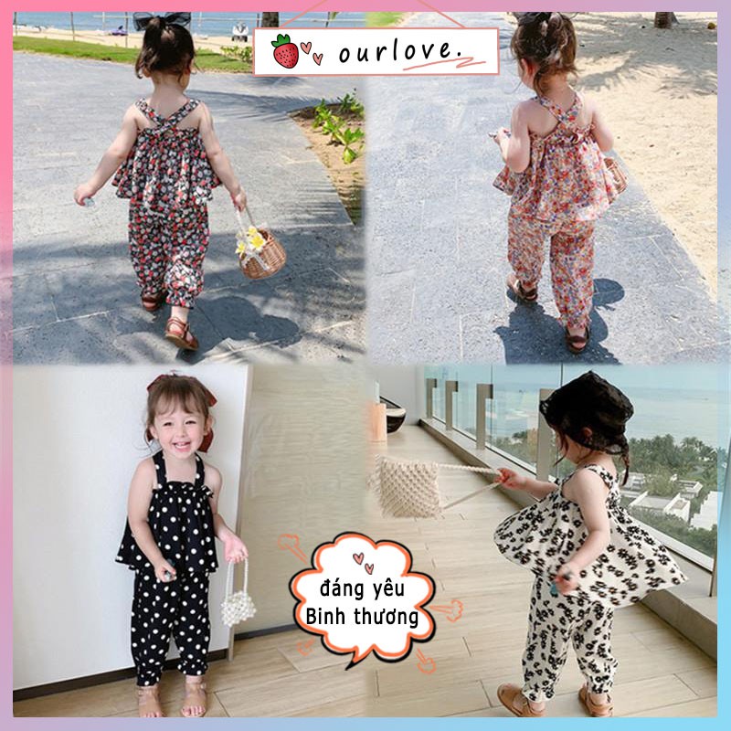 ☂♘2021 Cô gái mới mùa hè Voan Vest Quần cắt may Bộ đồ trẻ em Floral Sling trên cùng hai mảnh Xu hướng