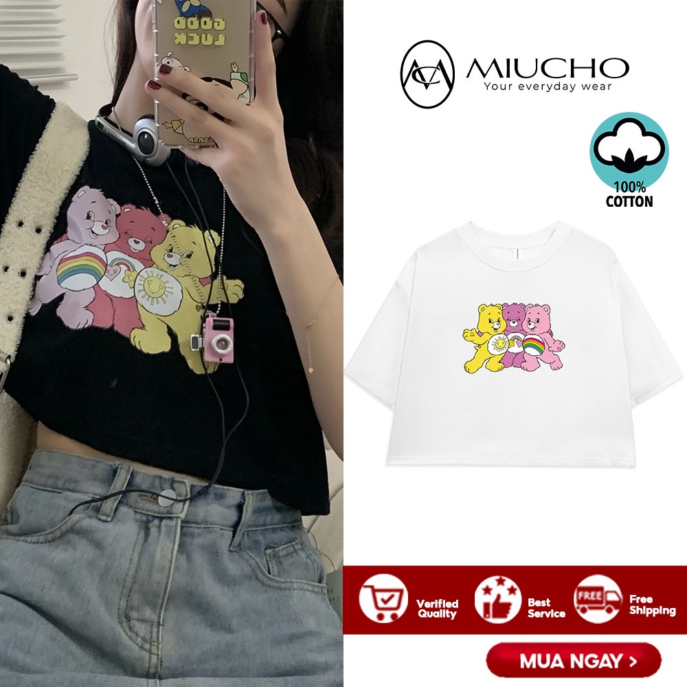 Áo croptop nữ tay ngắn cổ tròn vải thun cotton kiểu hàn quốc CR049 Miucho in hình hoạ tiết