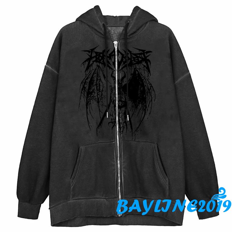 Áo Hoodie Tay Dài Dáng Rộng In Họa Tiết Ác Quỷ Phối Dây Rút Cá Tính Cho Nữ