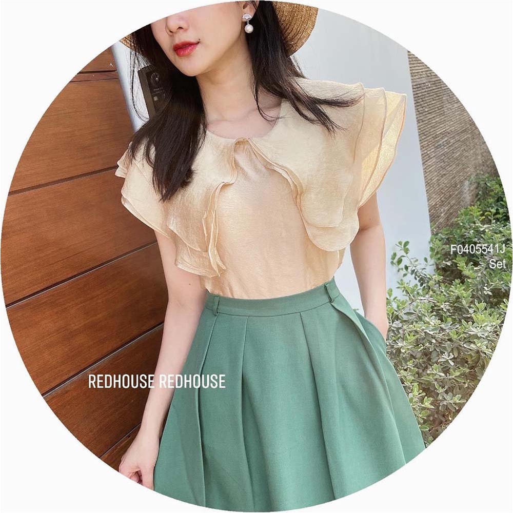 Set áo sơ mi kiểu cổ phối bèo tầng kèm chân váy xòe dáng dài!
