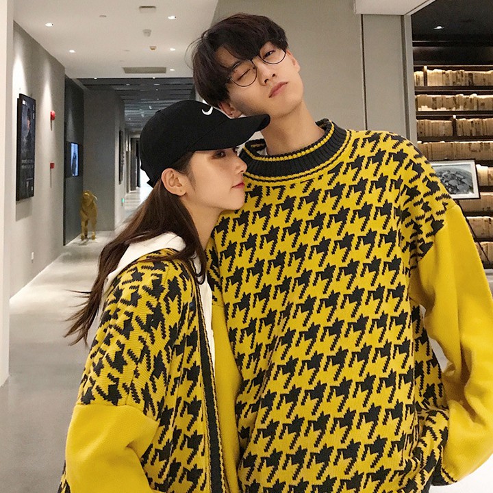 Áo khoác len cặp đôi nam nữ họa tiết houndstooth big size thời trang Hàn Quốc mới nhất 2019. AK1901