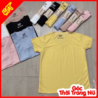 Áo Phông Đũi Giấy GAP Cộc Tay Cổ Tim Nữ Hàng VNXK_Freesize Cho Nữ Từ 40 Đến 55kg_Chất Thun Đũi Mềm, Mát, Thấm Hút Mồ Hôi