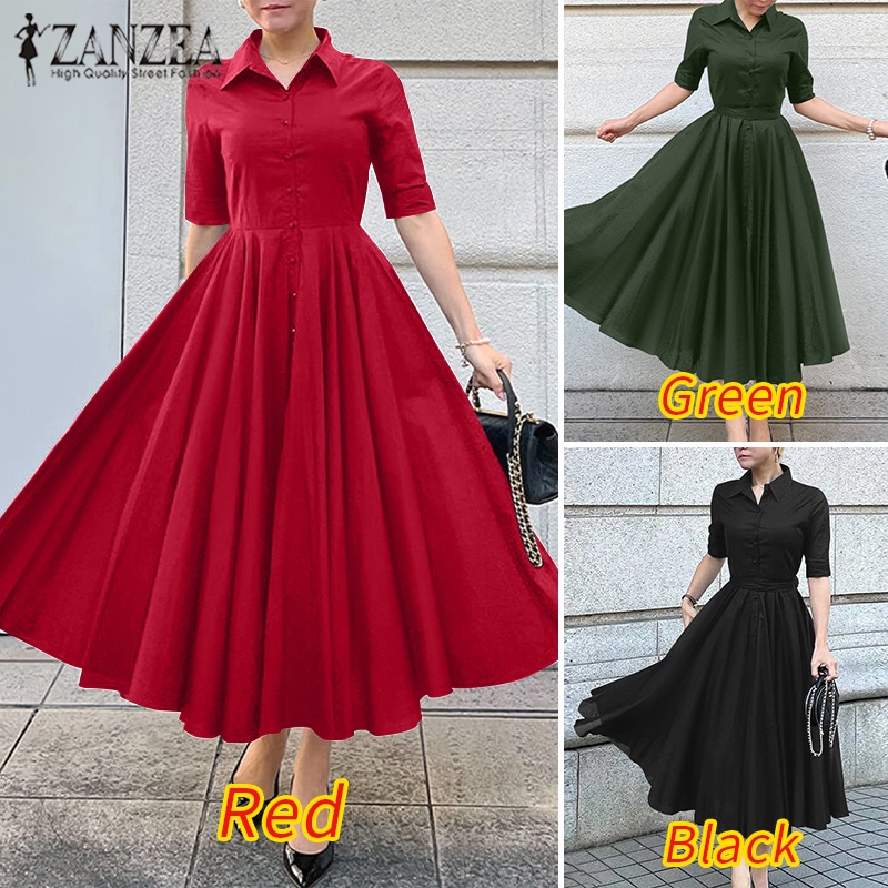 ZANZEA Đầm Dài Dáng Chữ A Tay Lửng Cài Nút Nhấn Eo Phong Cách Retro Đường Phố Châu