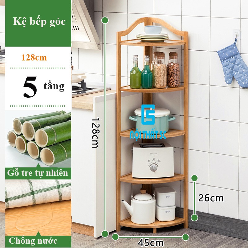 KỆ ĐỂ ĐỒ BẾP, KỆ ĐA NĂNG GÓC TƯỜNG BẰNG GỖ TRE CAO CẤP - KỆ GÓC 4 TẦNG, 5 TẦNG