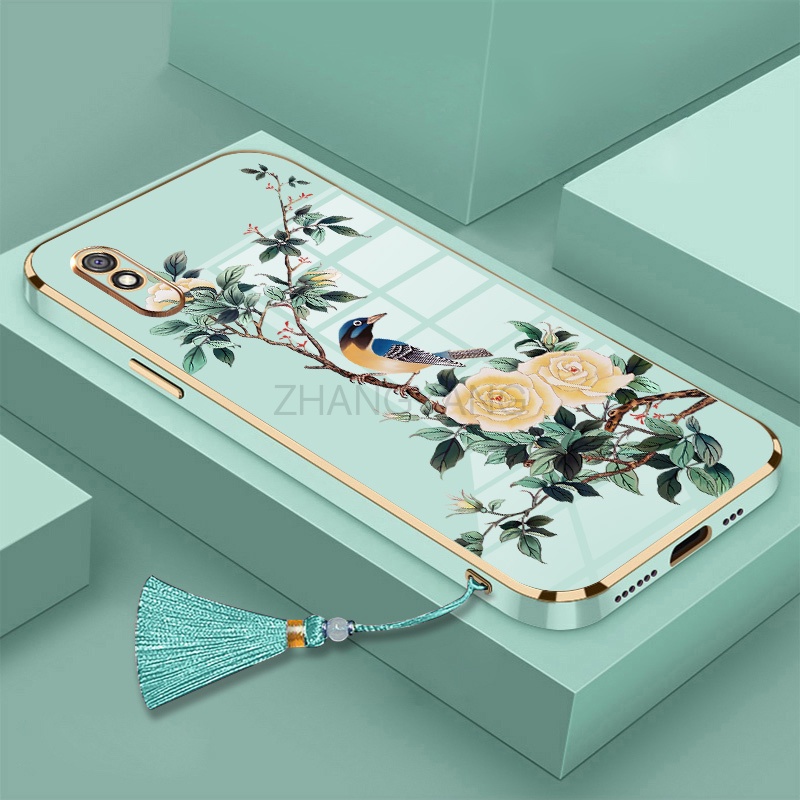 Ốp Điện Thoại Silicon Mềm Mạ Điện Họa Tiết Hoa Và Chim Kèm Dây Đeo Cho Redmi 9a Redmi 9c Redmi 9t Redmi 10c