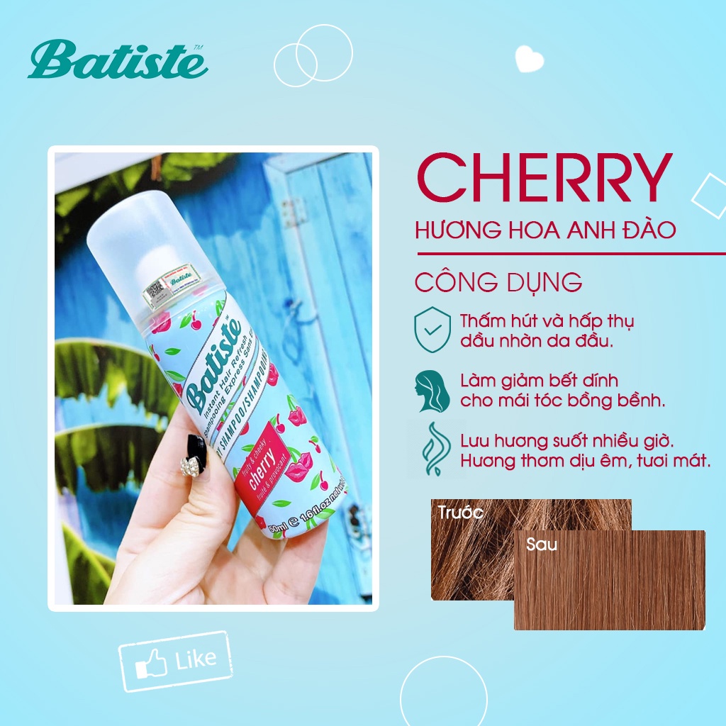 [MINI SIZE] Dầu Gội Khô Batiste Hương Cherry, Dạng Xịt Hết Ngứa, Bết Dính Giúp Tóc Bồng Bềnh Mượt Mà 50ml - Violetpham