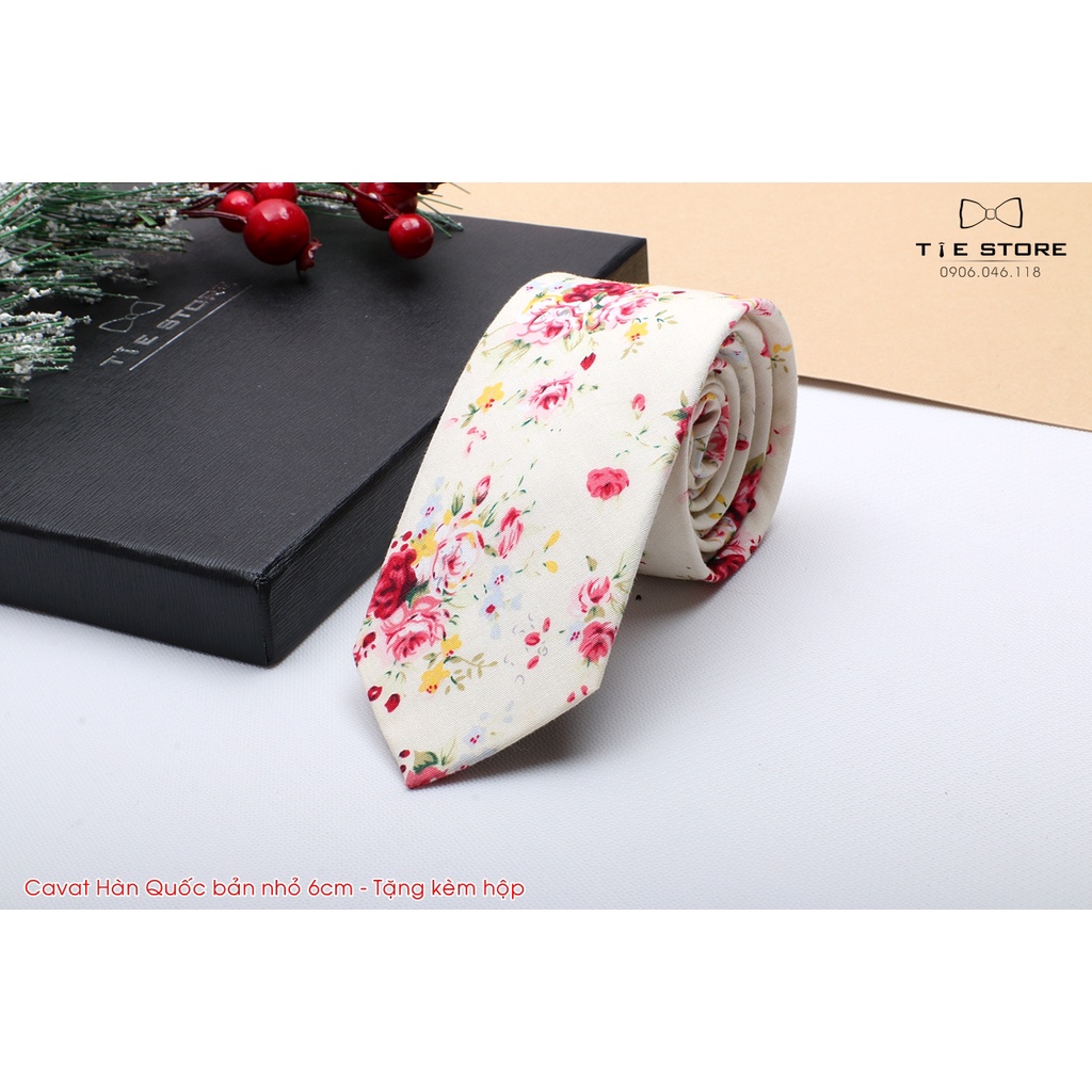 Cà Vạt Nam Bản nhỏ 6cm Màu kem hoa - Cavat Hàn Quốc Dành Cho Chú rể, Công Sở Cao Cấp Full box