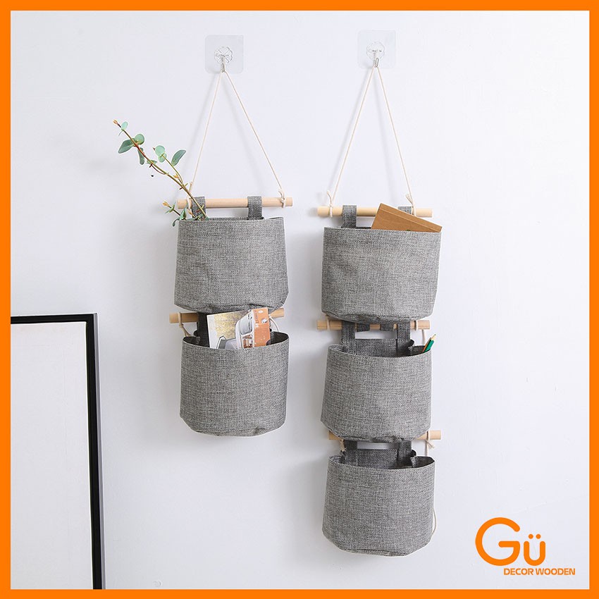 Túi giỏ vải đựng đồ treo tường, đựng đồ cá nhân vintage có chia ngăn decor trang trí nhà cửa - GU DECOR WOODEN
