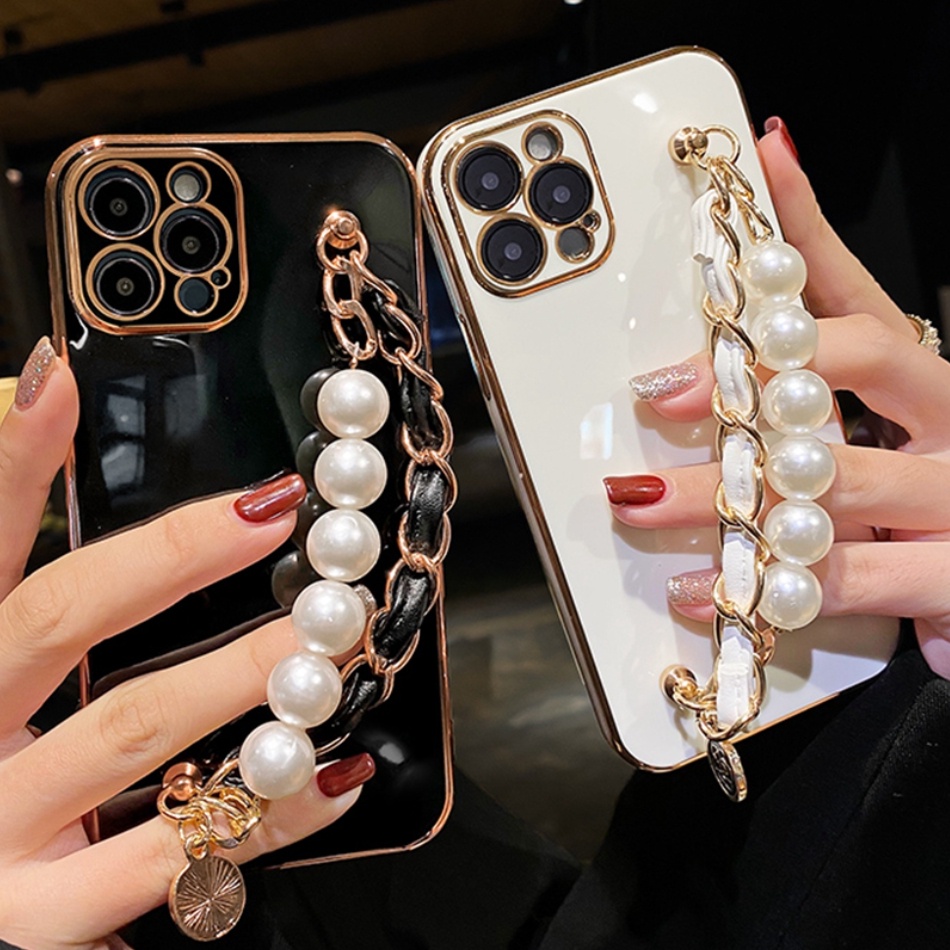 Ốp Điện Thoại Da PU Có Dây Đeo Ngọc Trai Sang Trọng Cho iPhone 13 12 11 pro XS max 6 6S 7 8 Plus X SE2020 XR 12