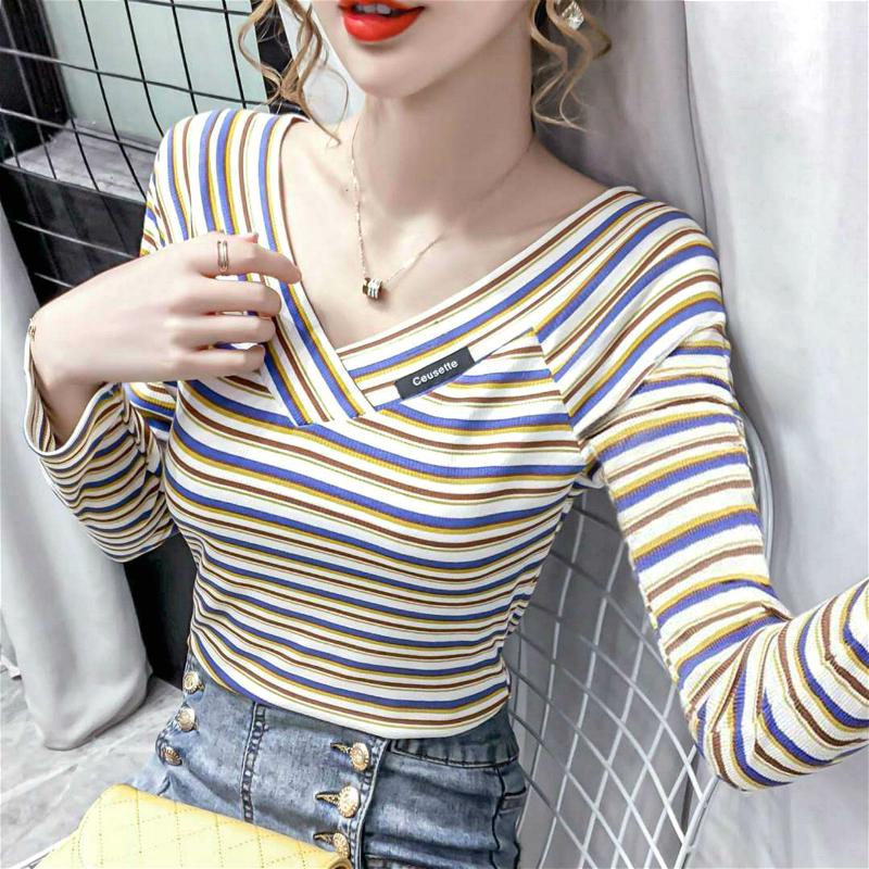 Áo Thun Tay Dài Cổ Chữ V Kẻ Sọc Thời Trang Mùa Thu Cho Nữ